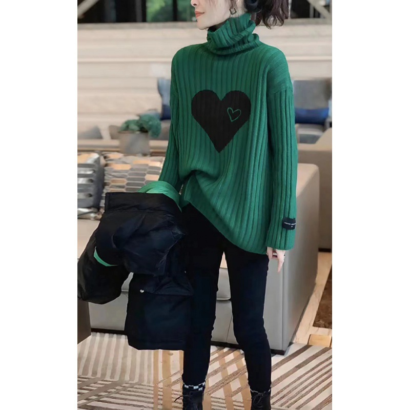 绿色高领爱心毛衣女设计感套头气质打底针织衫秋冬2022新款欧洲站
