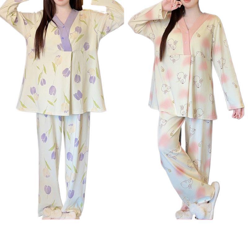 带胸垫待产睡衣月子服春夏季薄款产后孕妇家居外穿喂奶套装坐月子|undefined