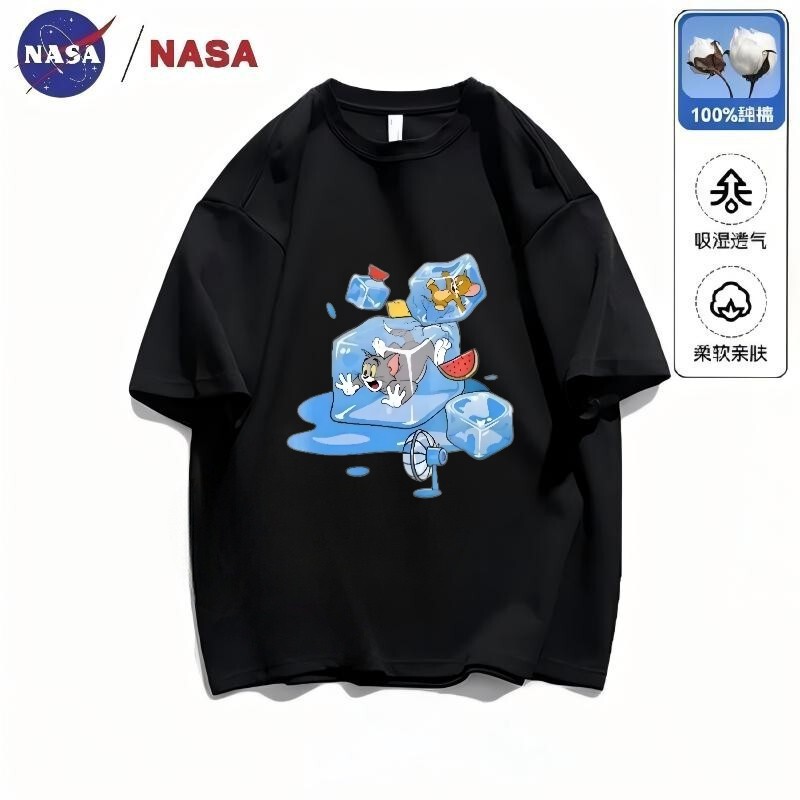 NASA co-branded Tom and Jerry ice cube watermelon print short-sleeve summer unisex cotton T-shirt, loose and versatile, fashionable NASA co-branded Tom and Jerry ice cube watermelon print short-sleeve summer unisex cotton T-shirt, loose and versatile, fashionable