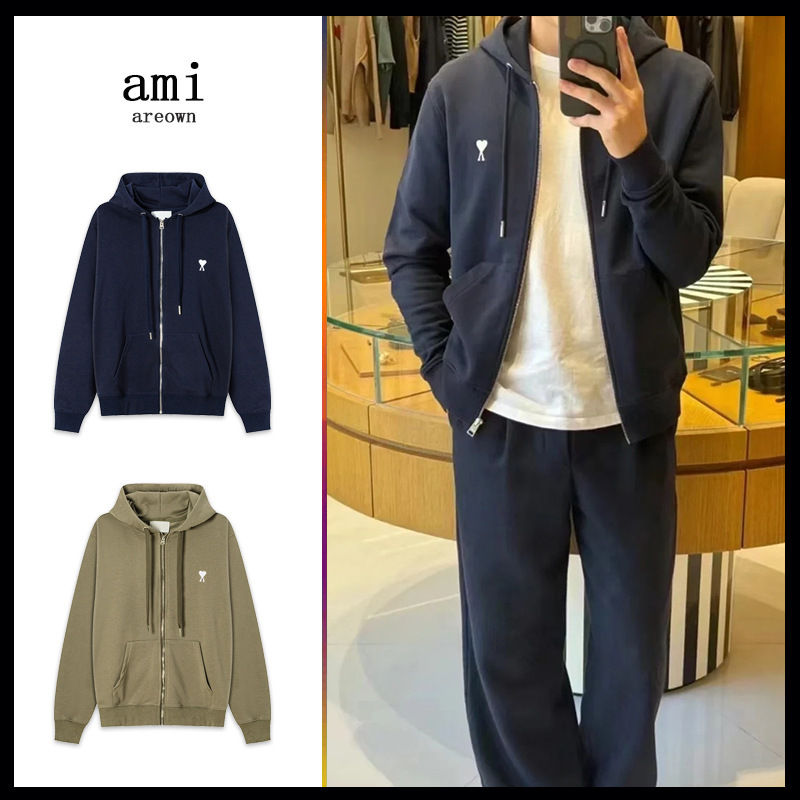 Ami Hooded Sweatshirt 25Ss Autumn and Winter New Adc Heart Embroider Men's and Women's Same Style Zipper Casual Jacket Long Sleeves Ami Hooded Sweatshirt 25Ss Autumn and Winter New Adc Heart Embroider Men's and Women's Same Style Zipper Casual Jacket Long Sleeves