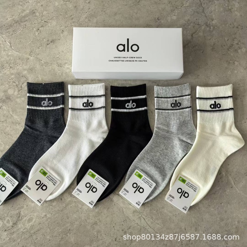 新品alo男女5双盒装运动短袜四季吸汗纯色网眼棉袜时尚男女情侣袜|undefined