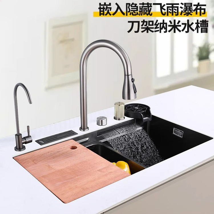 Acero inoxidable SUS304 incrustado volando cascada de lluvia fregadero nano gran fregadero de cocina fregadero