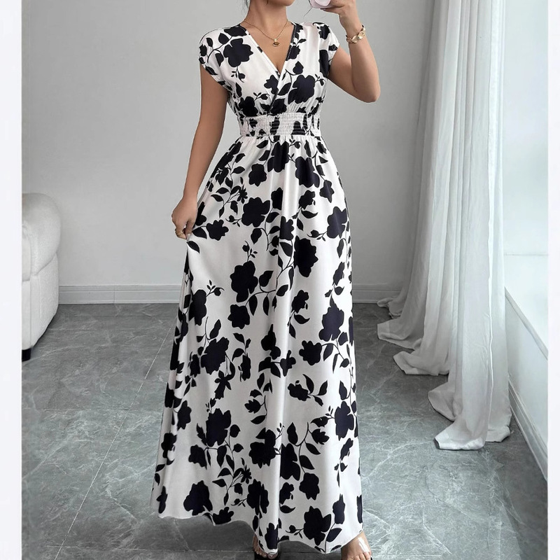 Short-sleeved Lace-up dress Amazon New Printed V-neck Long Dress Cross-border Summer Waist Women's Wear