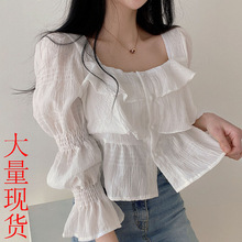2024年春夏新款韩版法式方领雪纺衫甜美喇叭袖气质衬衫短款上衣女