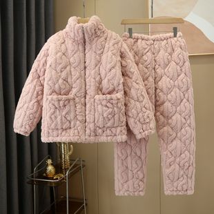 2023 winter quilted pajamas for women, thickened and velvet suits, winter jacquard zipper cotton jackets, home clothes, warm and can be worn outside