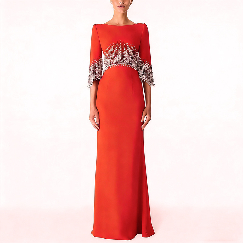 Cross-Border In-Stock 2026 New European and American Designer Fashion Heavy-Duty Beaded and Rhinestone-Embellished Mid-Sleeve Dress Long Gown