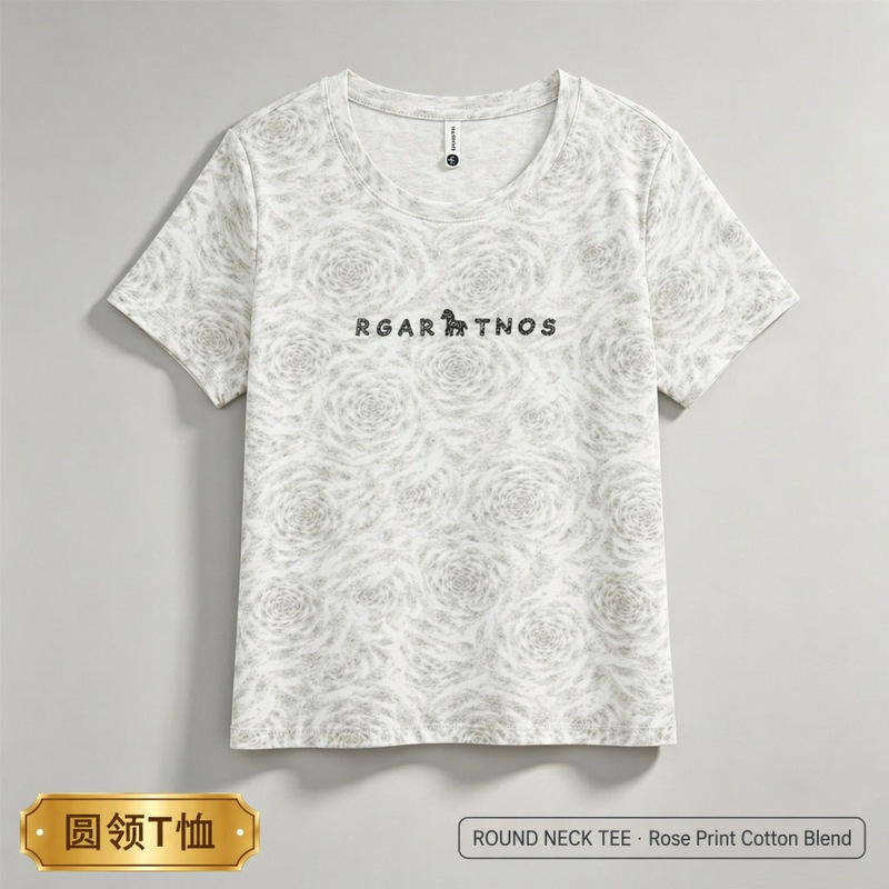 Round Neck Double-Stitched T-Shirt with Rhinestone Letter Chest Logo, Loose Casual Jacquard Rose Fabric Short Sleeves Round Neck Double-Stitched T-Shirt with Rhinestone Letter Chest Logo, Loose Casual Jacquard Rose Fabric Short Sleeves