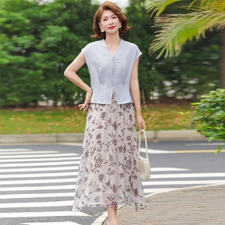 中年妈妈夏季裙子套装洋气时尚小个子中老年短袖上衣半身裙两件套