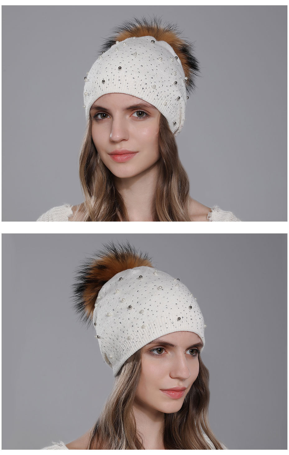 Perle de laine pour femmes pour la chaleur de l'hiver, chapeau tricoté en boule de fourrure de raton laveur, style pull à la mode pour femmes_voghion.com