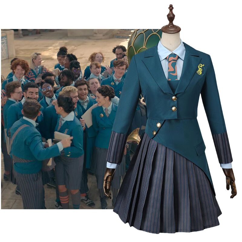 The Wicked Witch Glinda Elphaba Women's School Uniform Cosplay Costume Girls Blue Shirt Green Coat