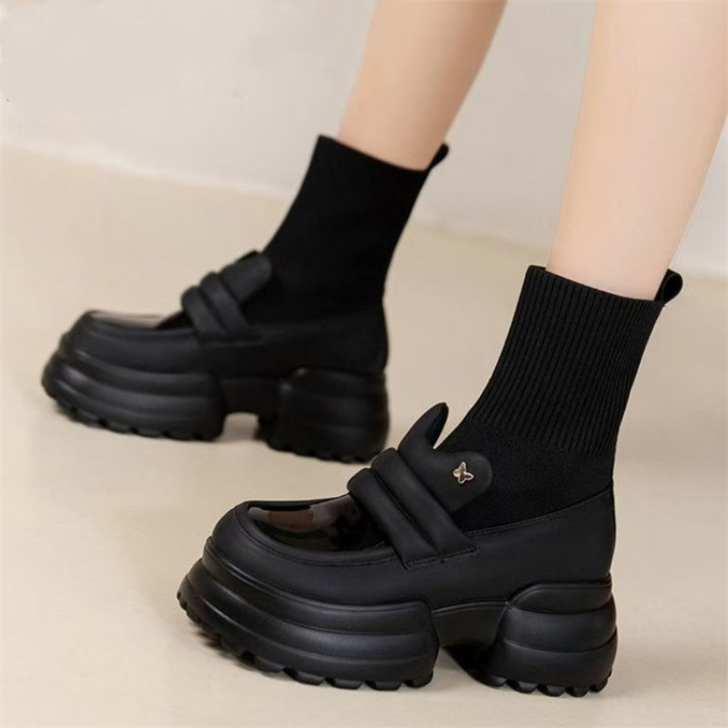 Sock Boots Square Toe Medium Heel (3-5cm) Rubber Short Sleeve Synthetic Leather Pu Winter Boots Mesh