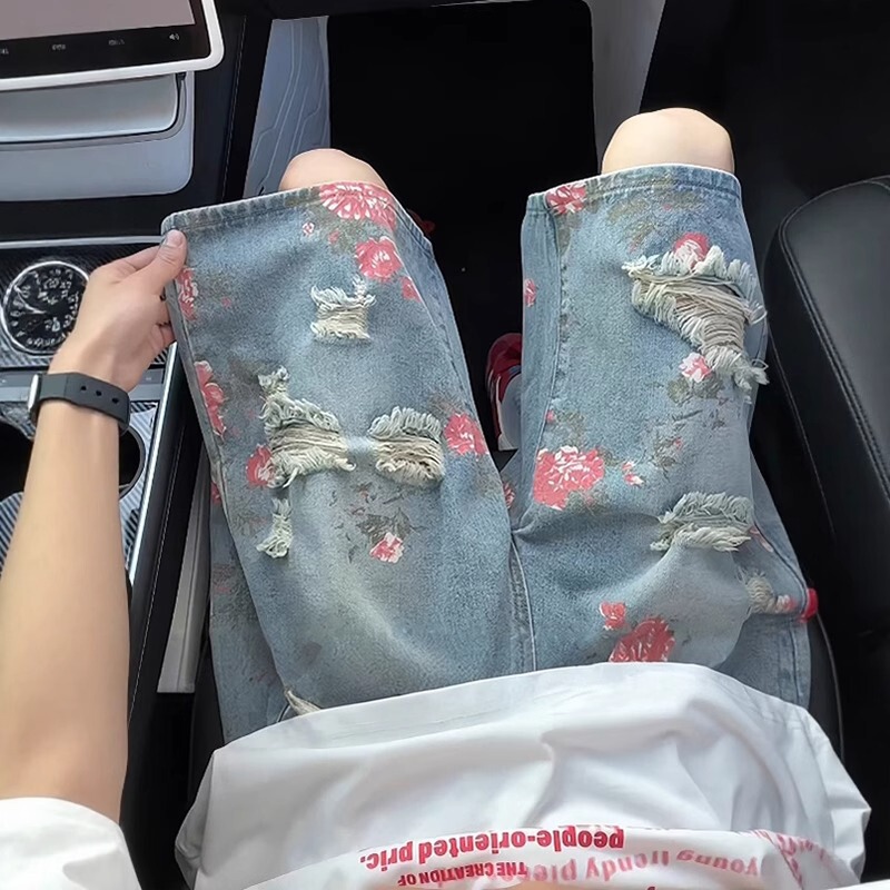 Floral Ripped Denim Shorts for Men, Summer Loose American High Street Style, Trendy Brand, Cool Rose Full Print, Knee-Length Shorts