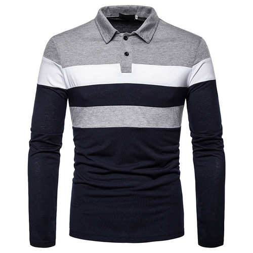Men's Double-Color Patchwork Top with Lapel, Long-Sleeved Men's Polo Shirt in Spring and Autumn, Trendy British Style