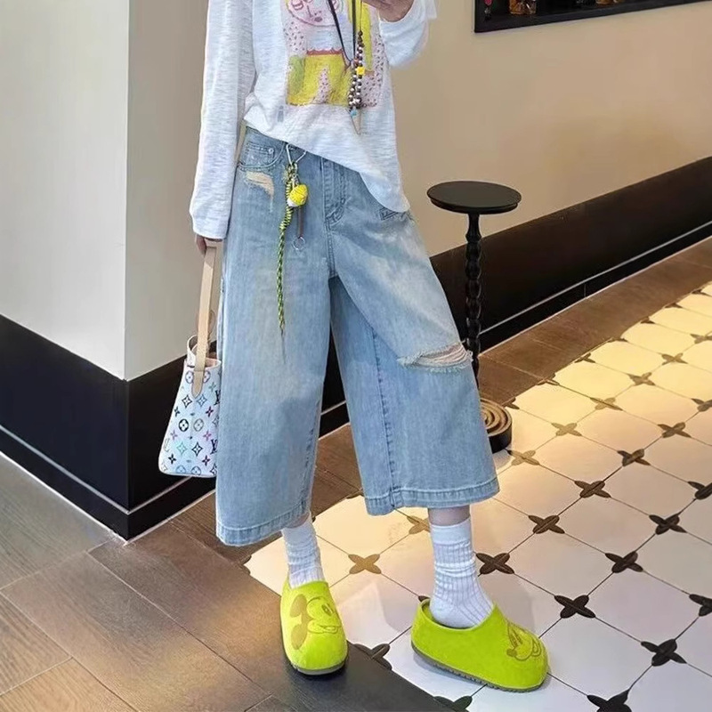 Ripped Jeans for Women, Summer New Style, Pear-Shaped Figure, High Waist, Slimming, Large Size Design, Workwear, Wide-Leg Cropped Pants