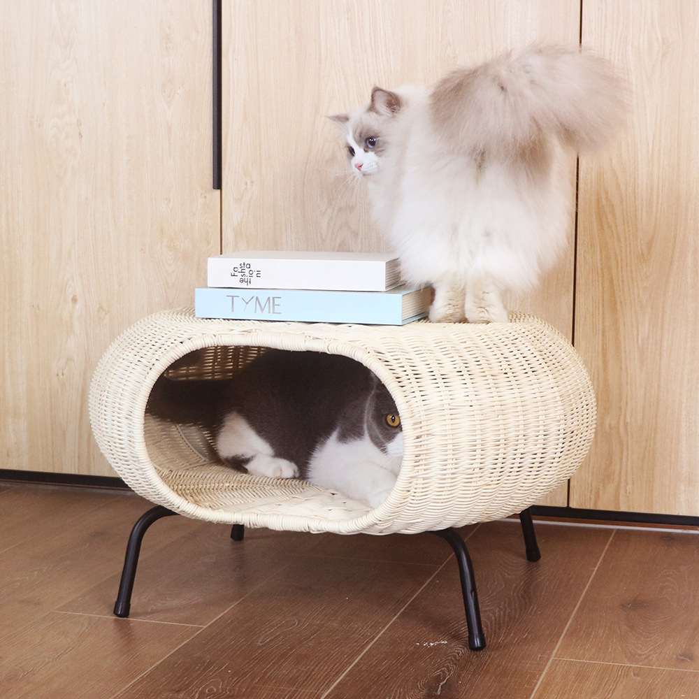 Balcón nórdico patio sala de estar silla de caña ocio redonda mesa de té pequeña mesa de té artesanal tela de caña almacenamiento mascota gato