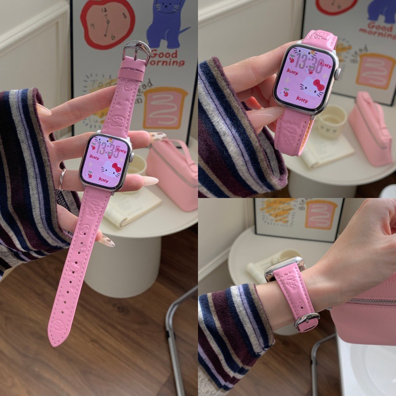 Autumn and Winter New Model Suitable for Apple Watch Iwatch11 Horse Oil Leather Kt Cat Print Apple Watch987 Universal