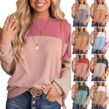 跨境欧美亚马逊秋冬女士时尚休闲撞色圆领长袖针织休闲宽松套头衫