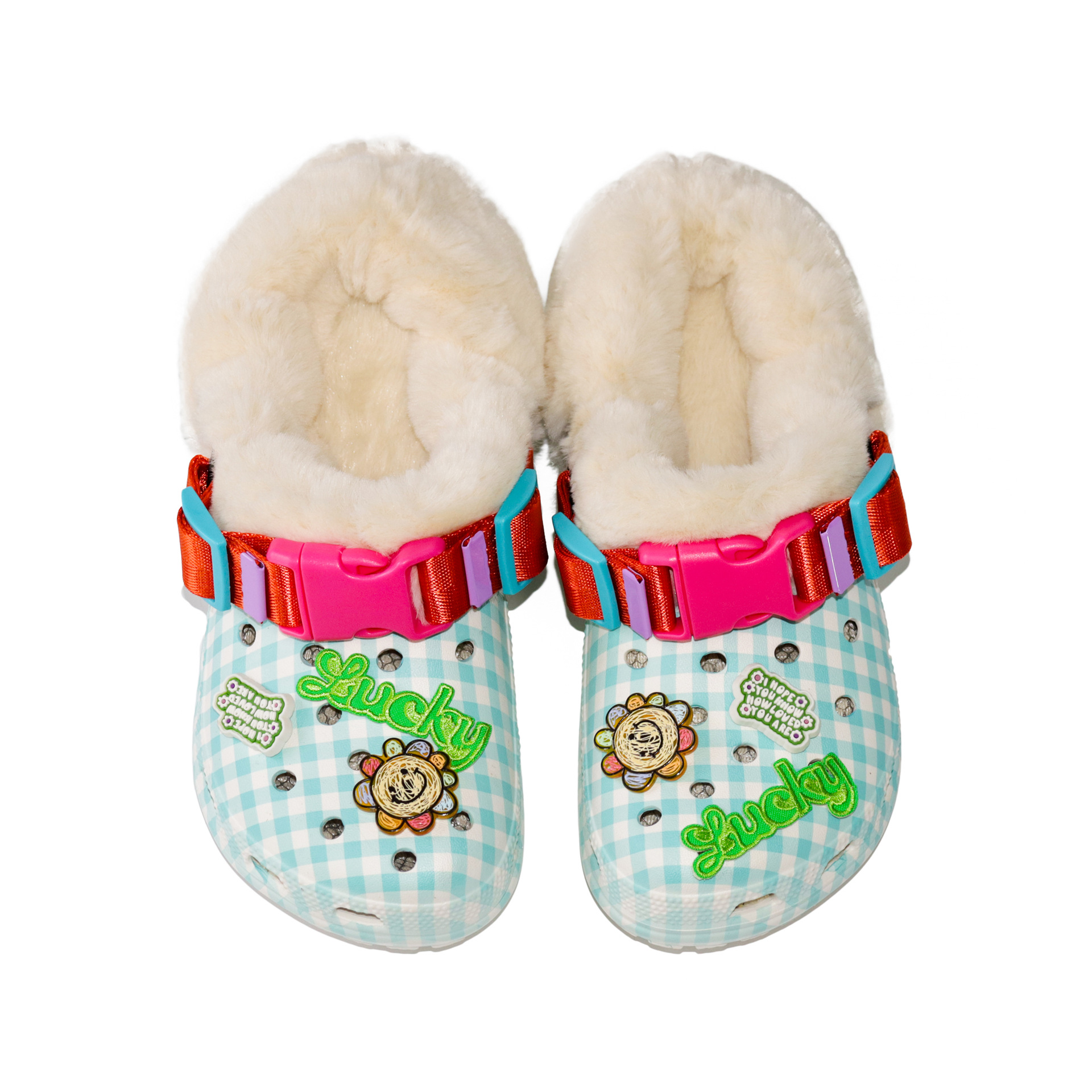 浅蓝格纹加绒洞洞鞋lucky 装饰仿兔毛保暖棉鞋甜美外穿毛毛拖鞋