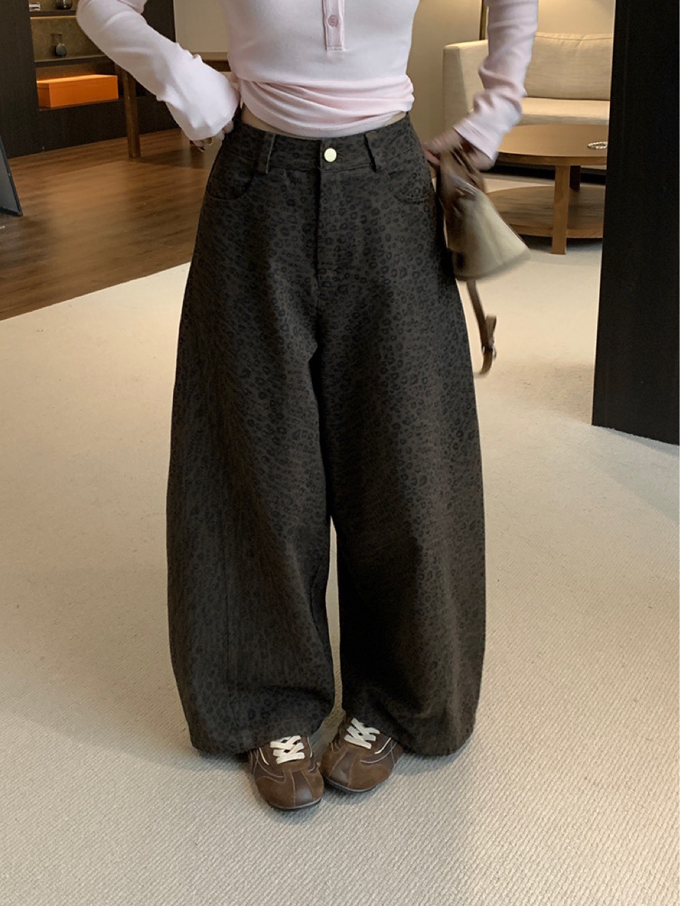 2576 Winter New Flocked Thickened Stretch Women's American Leopard Print Casual Wide-Leg Slimming Loose Versatile Scimitar Pants