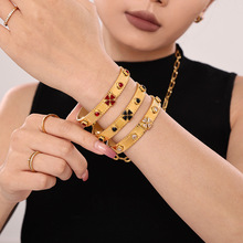 鑫艺鑫 不锈钢四叶花锆石捷克玻璃女士卡扣齿轮手镯不掉色镀18K金