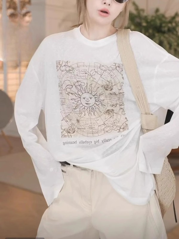 小太阳字母印花薄款长袖T恤女2025夏季新款慵懒风天丝棉防晒衫女|undefined