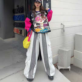 拼接个性时尚套装卫衣卫裤女秋季2025新款美式宽松撞色休闲两件套