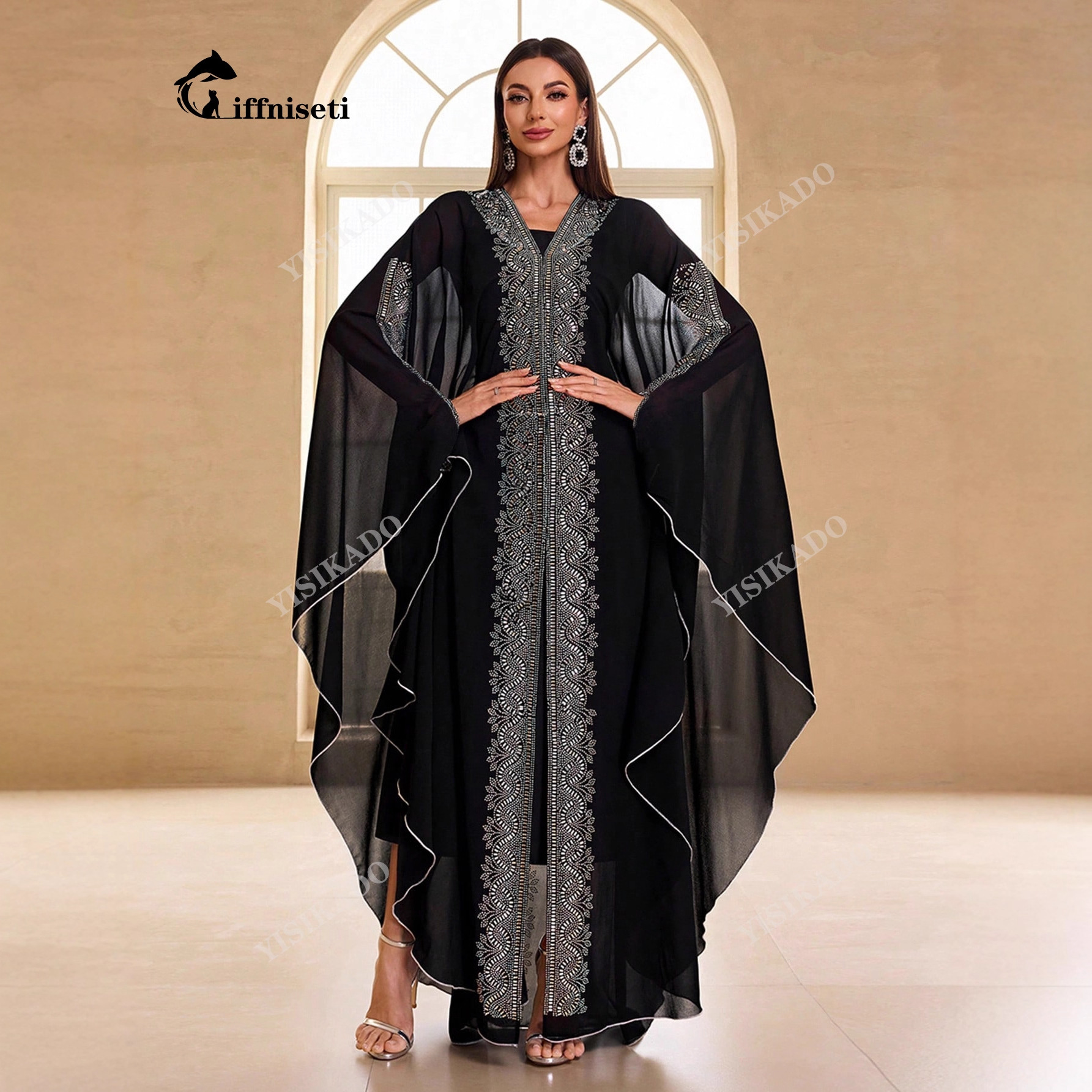 Middle East Arabian Fashion Banquet Dress Skirt 2025 Ladies Super Long Sleeve V Neck Chiffon Turkey-Ssl6244