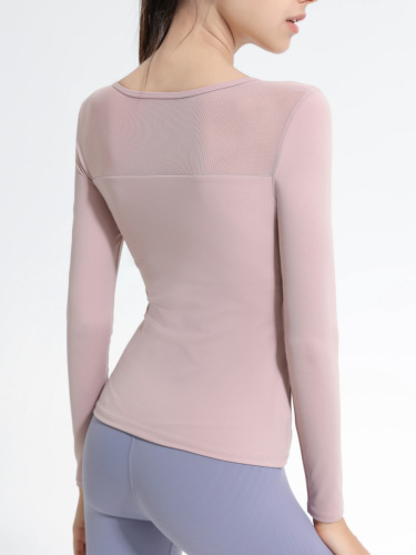 Nude lace mesh yoga top for women with built-in bra cups, long sleeves, inner layer, beautiful back design, tight fitness sportswear autumn t-shirt