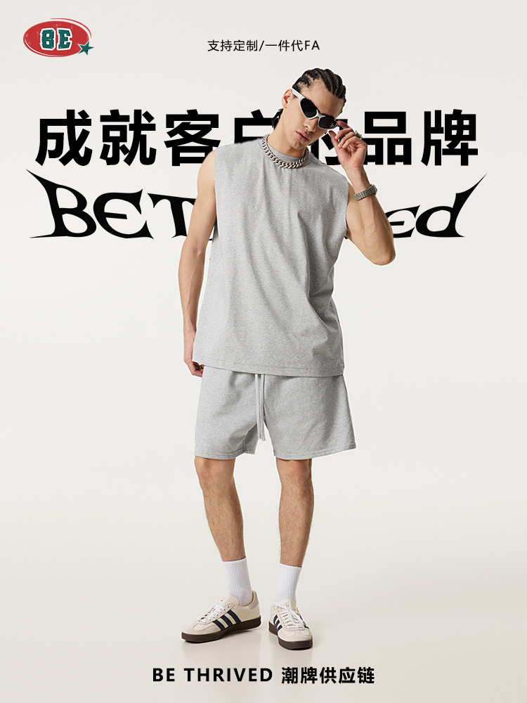 BE ropa de hombre | 2025 verano marca de moda americana fitness deportivo chaleco suelto casual cordón pantalones de cinco puntos hombres al por mayor