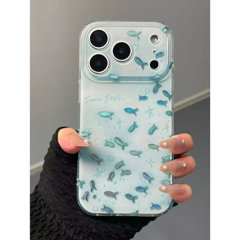 Ins-Style Cute Sea Salt Glowing Fish Full-Cover Phone Case Suitable for Apple 17 Pro Max 16 15 Anti-Drop Case for Women