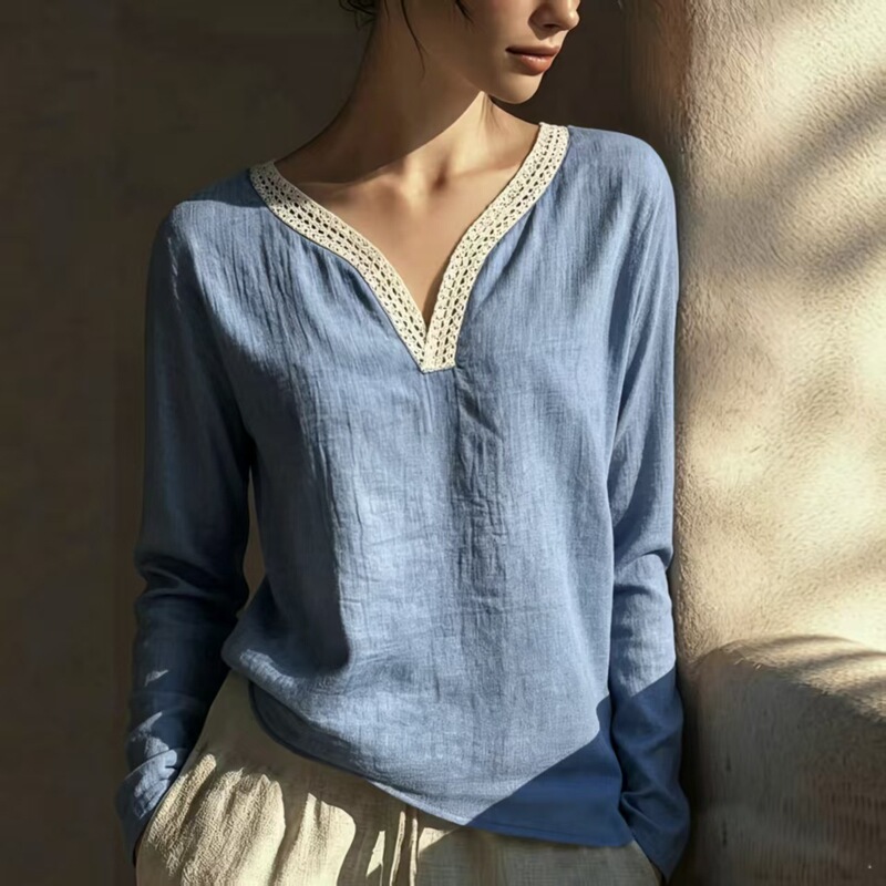 New Style Women's V-Neck Elegant Retro European and American 2026 Lace Bohemian Autumn and Winter Cross-Border Cotton-Linen Blend Shirt New Style Women's V-Neck Elegant Retro European and American 2026 Lace Bohemian Autumn and Winter Cross-Border Cotton-Linen Blend Shirt