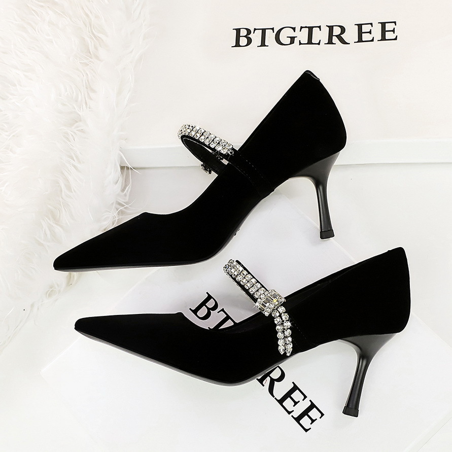 8837-A1 European American Pointed Toe Shallow Mouth Single With Rhinestones, One-Strap Suede Thin Heel High Heels For_vogvips.com