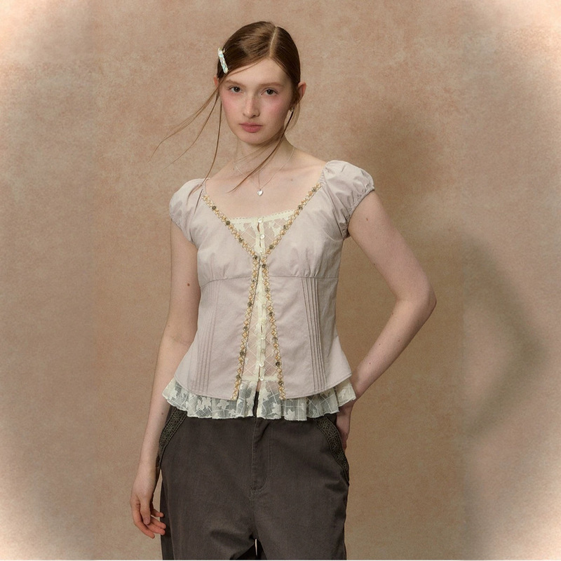 "Broken Shell Path" Shell Lace Blouse for Women, Summer Short-Sleeve Faux Two-Piece Lace Pink Beautiful Top "Broken Shell Path" Shell Lace Blouse for Women, Summer Short-Sleeve Faux Two-Piece Lace Pink Beautiful Top