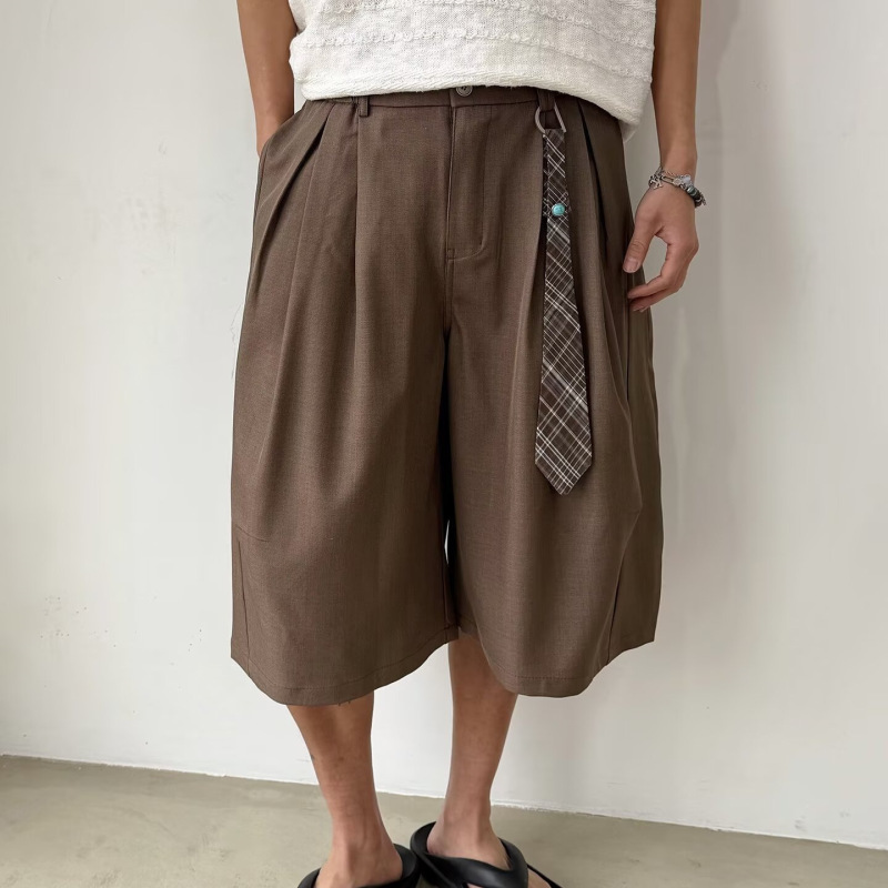 Shijoin Original Tea Brown Double-Pleated Bermuda Shorts Loose Cavalry-Style Mixed Fabric Shorts for Men 200211