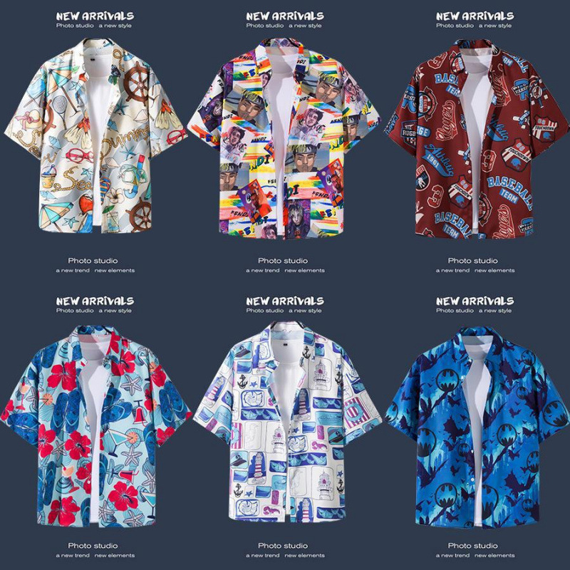 South Korea Vintage Hawaiian Short Sleeve Shirt Men's and Women's Hong Kong Style Chic Loose Couple's Seaside Beach Color Shirt Trendy