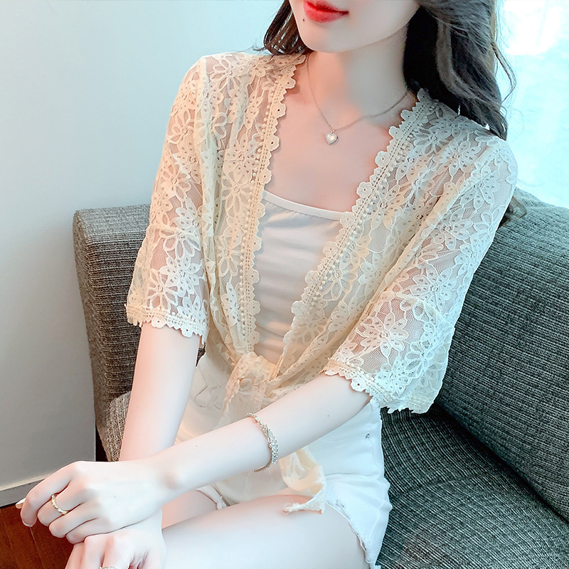 Summer Sun Protection Clothing Lace Shawl Jacket Women's Short Cardigan with Waistoutwear Chiffon Mid-Sleeve Thin Top for Women