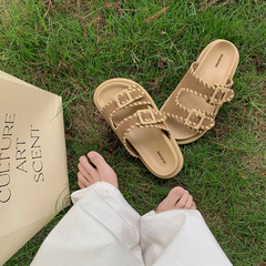 頭層牛皮~葡萄媽同款真皮露趾雙排扣懶人厚底博肯拖鞋女涼拖