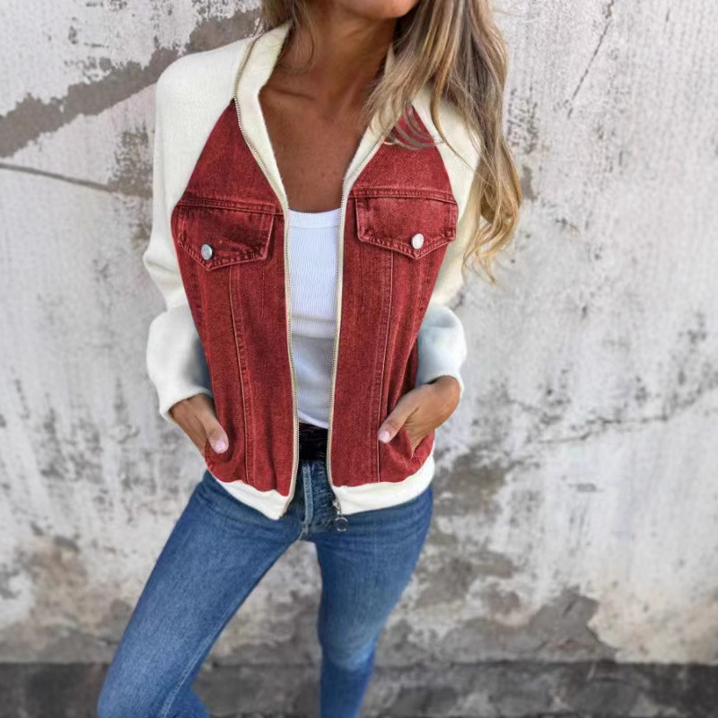 Autumn/Winter Denim Patchwork Jacket With Shoulder Sleeve Design, Feminine Style_voghion.com
