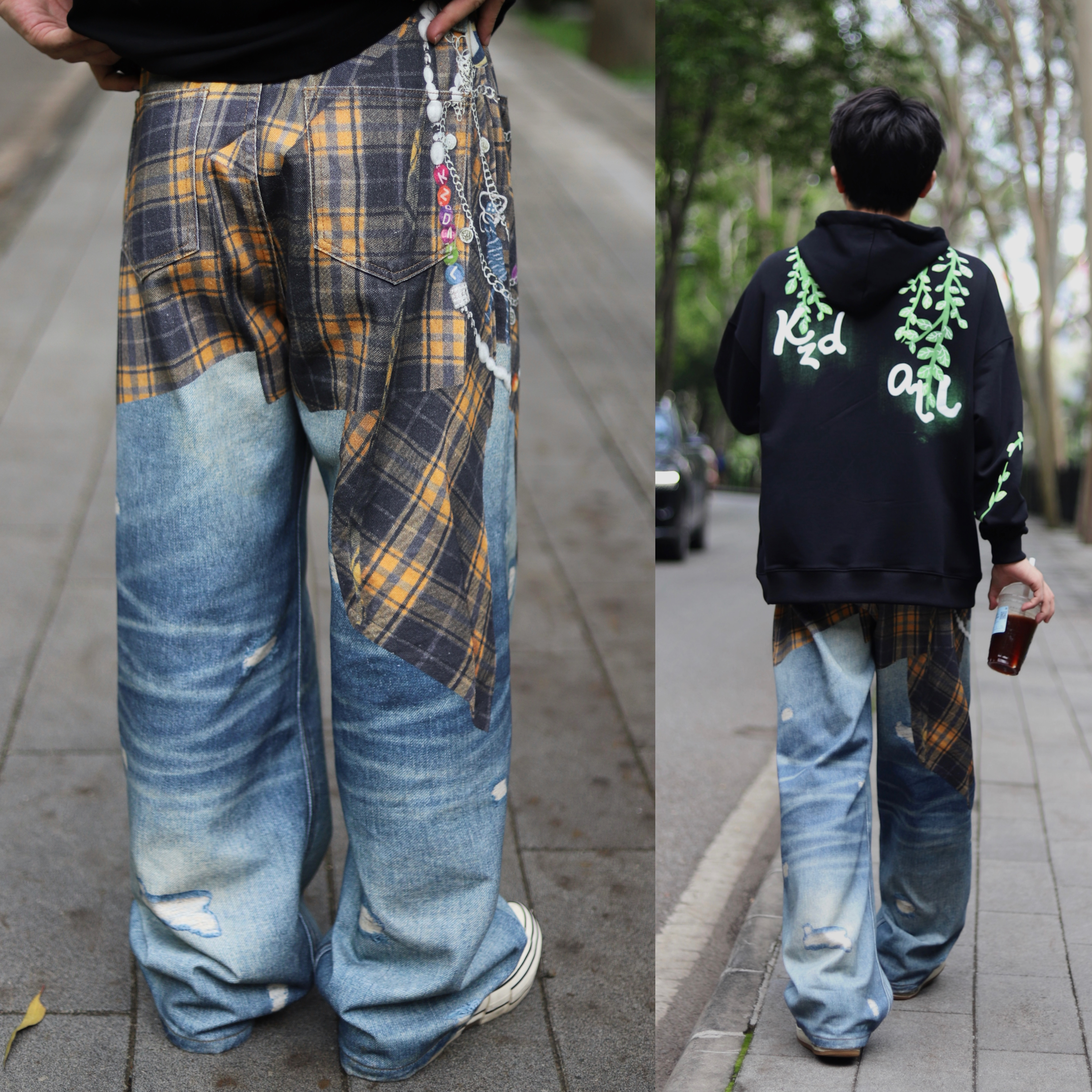 Herrenbekleidung Retro Patchwork 3D Design Karohemd Bedruckte Jeans Amerikanischer Trend Freizeithose mit geradem Bein Lockere Passform Für Männer und Frauen_voghion.com