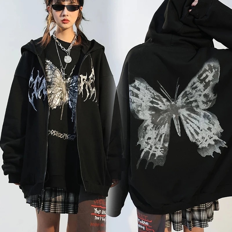 1412 # 2021 Style Hooded Zipper Letter Butterfly Print Fleece Cardigan Sweatshirt For Women_voghion.com