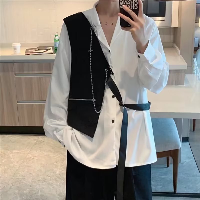 Trendy and Unique Design Vest with Contrasting Color Thin Long-Sleeve Necklace Shirt for Men, High Street Outerwear Top Ins Shirt