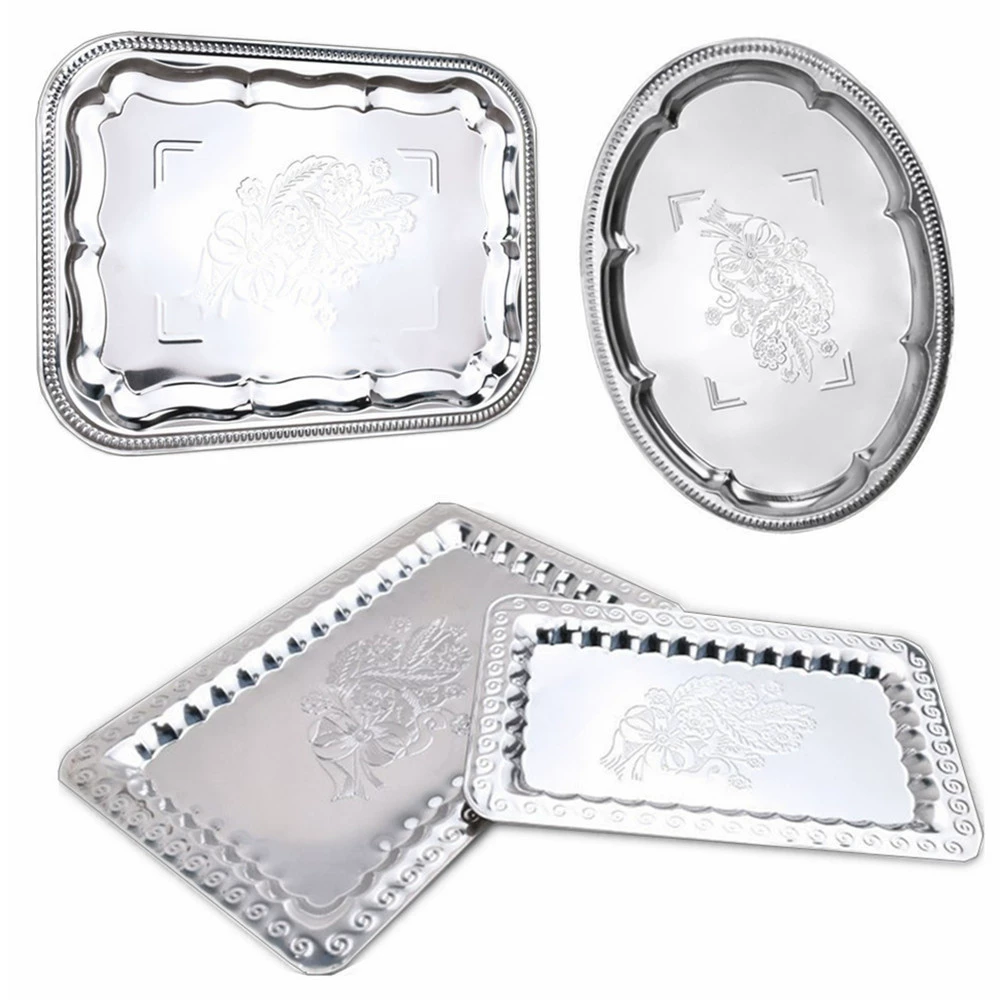 Stainless steel rectangular oval tray embossed metal fruit tray embossed dried fruit cake tray Serving Tray