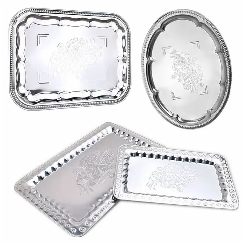 Stainless steel rectangular oval tray embossed metal fruit tray embossed dried fruit cake tray Serving Tray