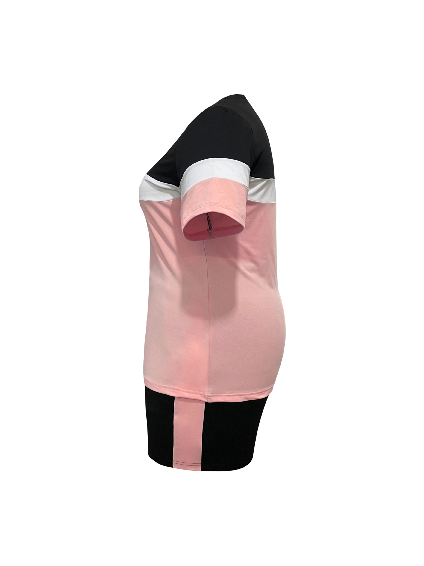 Women's Summer Sportswear Set Fashionable Color Block Crew Neck Short Sleeve T-Shirt Drawstring Shorts 2 Piece Outfit_ecoleips.com