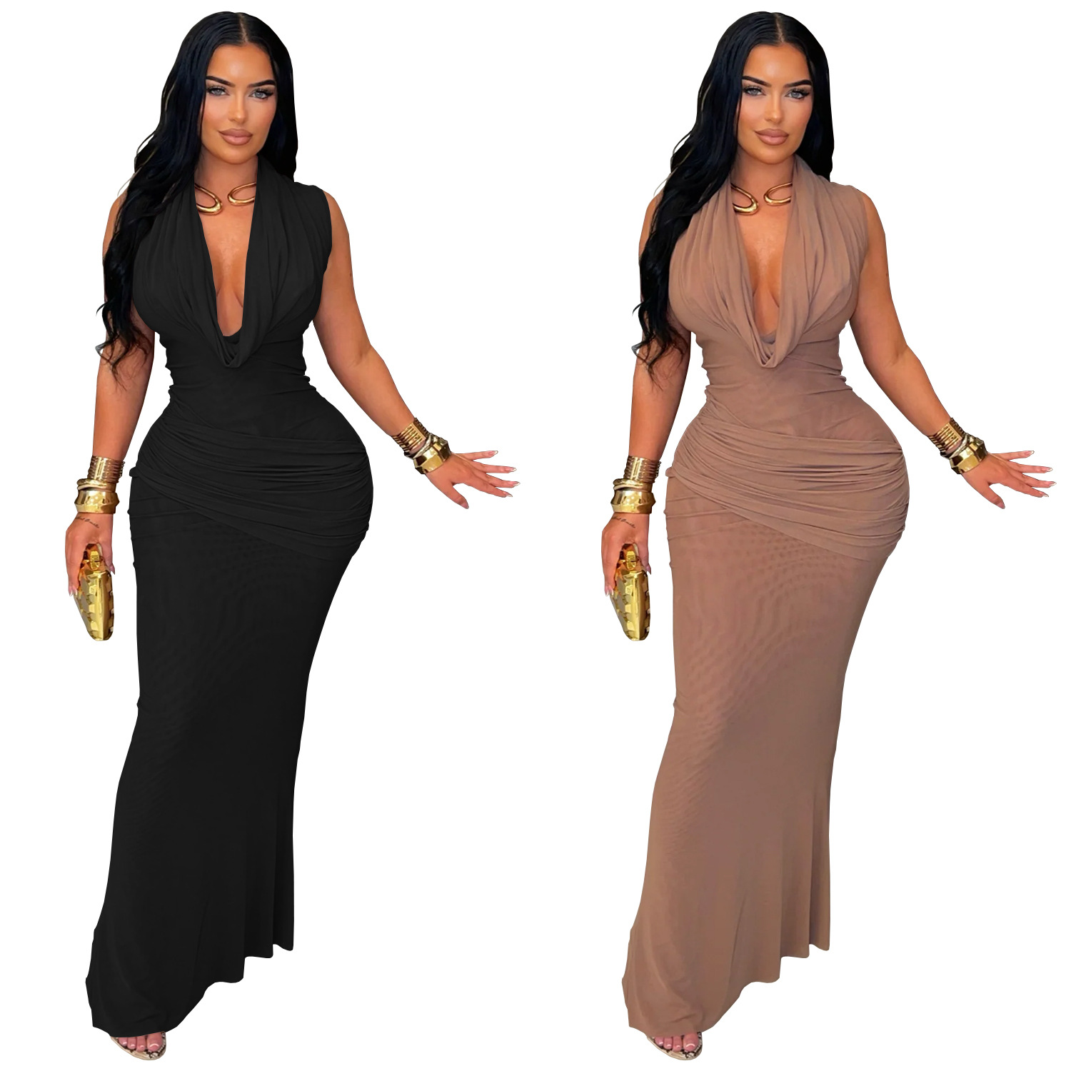 C7555 Aliexpress transfronterizo amazon moda europea y americana temperamento de mujer sin mangas plegado vestido de pecho bajo de cuello en v