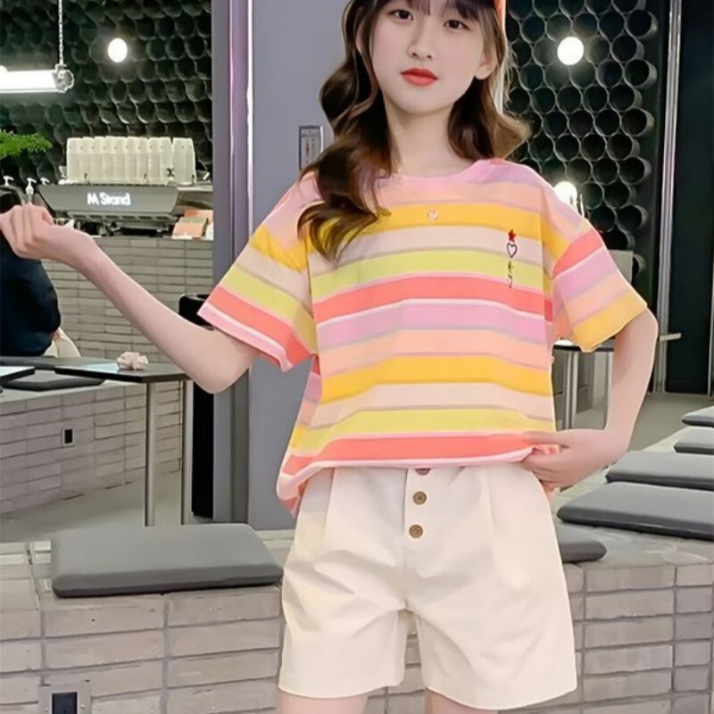 Girls' Short-Sleeved Colorful Striped T-Shirt Summer 2026 New Style Kidsren's Clothing for Older Kidsren Summer Clothing Girls Half-Sleeved T-Shirt