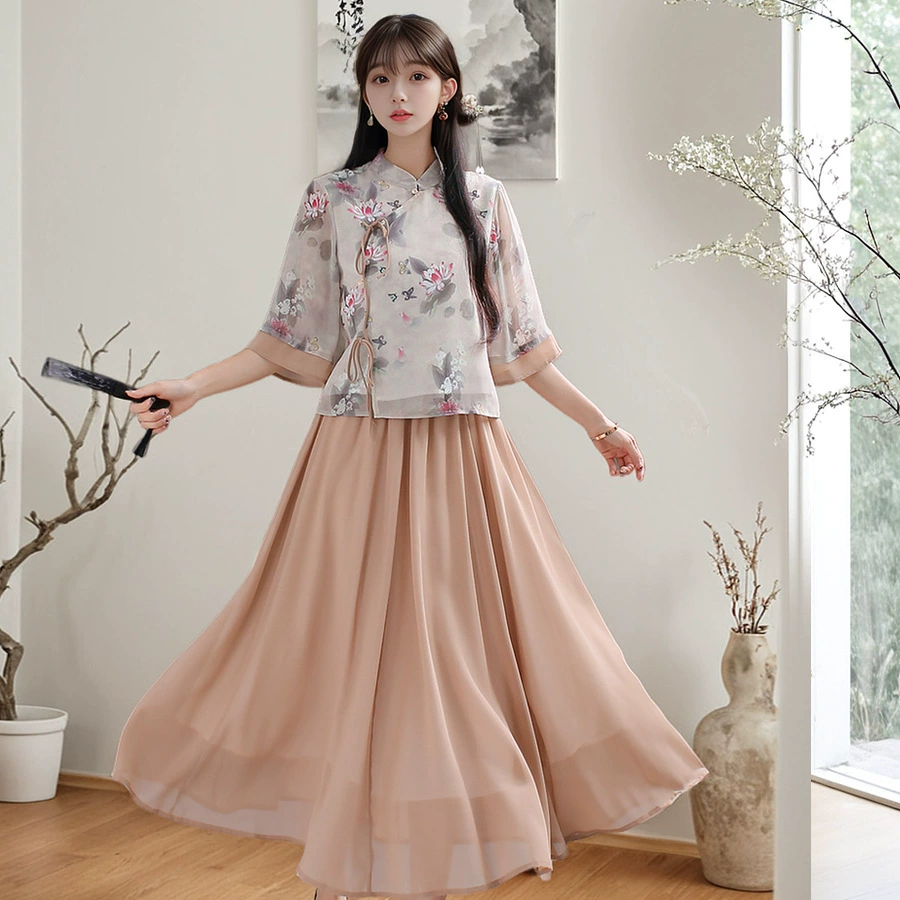 Новый литературный шифоновый костюм Тан в китайском стиле в стиле ретро с элементами Хань, улучшенный костюм Ханьфу в китайском стиле, древний стиль, женский костюм-двойка Cheongsam