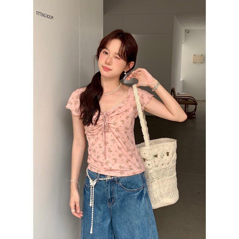 Jiu'Er Floral Small Flying Sleeve Tie V-Neck Shirt for Women, Summer New Slim Fit Blouse Ye0110 Jiu'Er Floral Small Flying Sleeve Tie V-Neck Shirt for Women, Summer New Slim Fit Blouse Ye0110