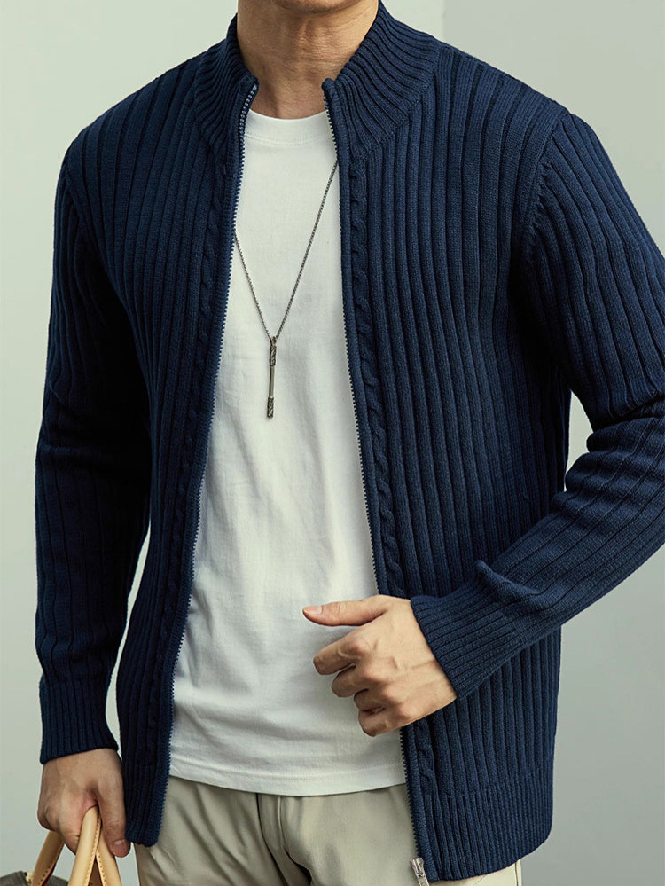 2025 Early Spring Knitted Cardigan Solid Color Long Sleeve Pit Zipper Vertical Collar Sweater Men's Casual Business Thin Jacket
