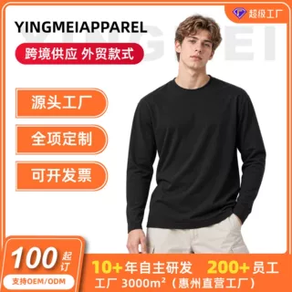 2026新款男士T恤跨境定制LOGO男装26S纯棉平纹210g长袖外贸批发